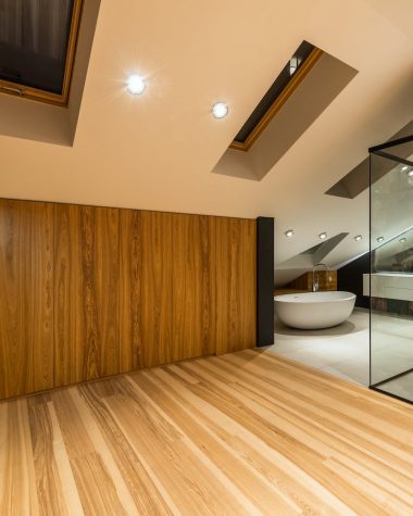 modern bathroom interior with glass wall in attic
